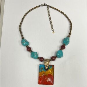Artisan Beaded Necklace with Red Murano Glass Pendant